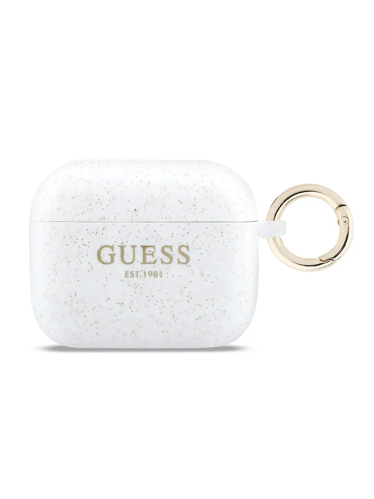 Чехол Guess для Airpods Pro 3 Silicone with ring, Белый с блёстками