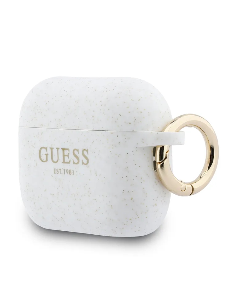 Чехол Guess для Airpods Pro 3 Silicone with ring, Белый с блёстками
