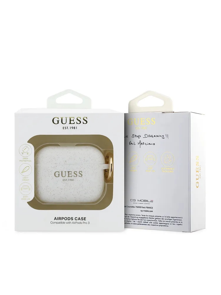 Чехол Guess для Airpods Pro 3 Silicone with ring, Белый с блёстками