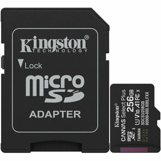 Карта памяти MicroSDXC 256 Гб Kingston Class 10 Canvas Select Plus A1 U1 V10  (150 Mb/s) + SD адаптер